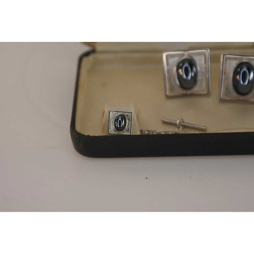 Vintage Sears Collectors Choice Mens Cufflinks & Tie Tac Silver Tone Black Stone